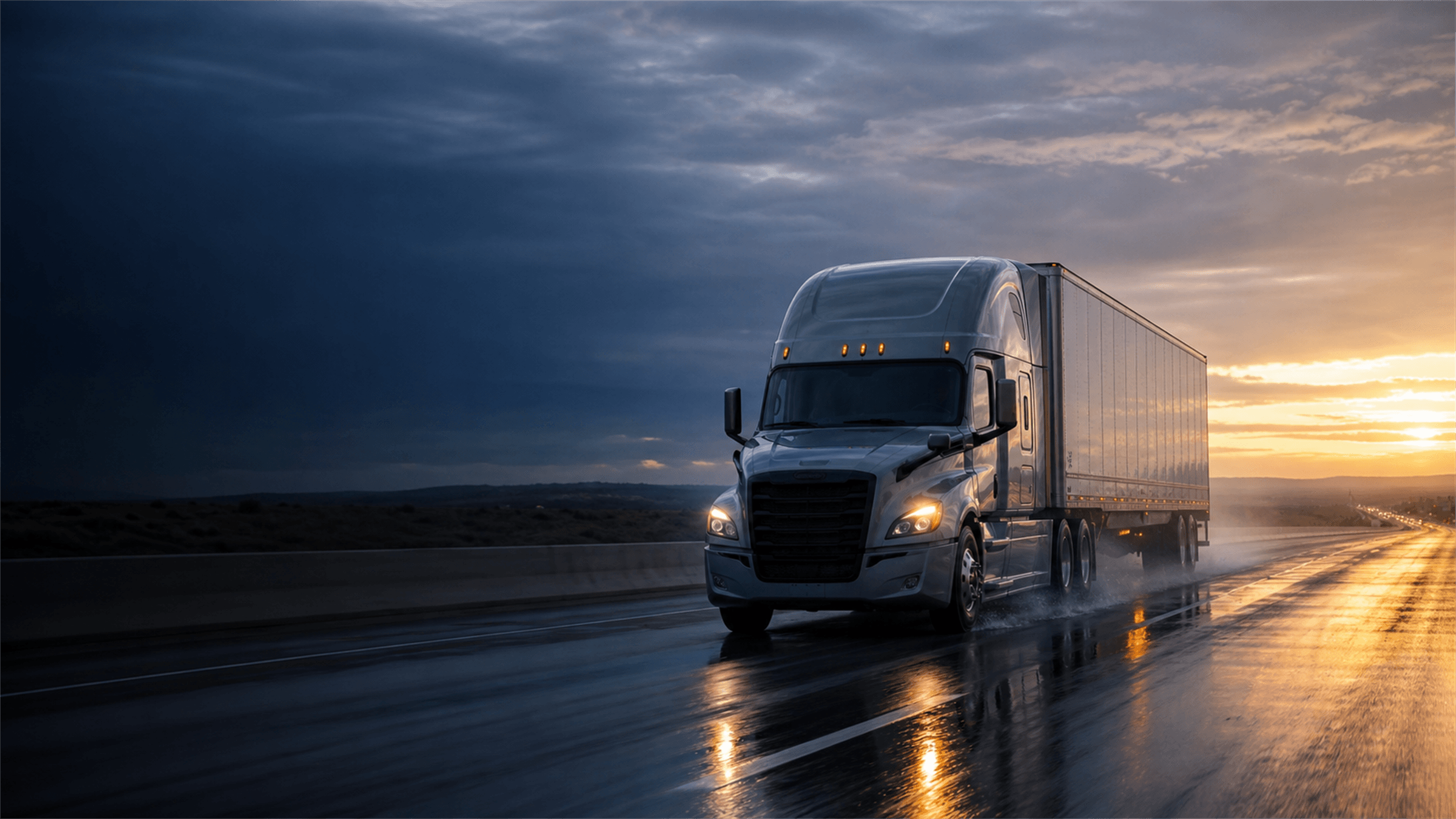 Class 8 tractor-trailer running a wet highway at dusk
