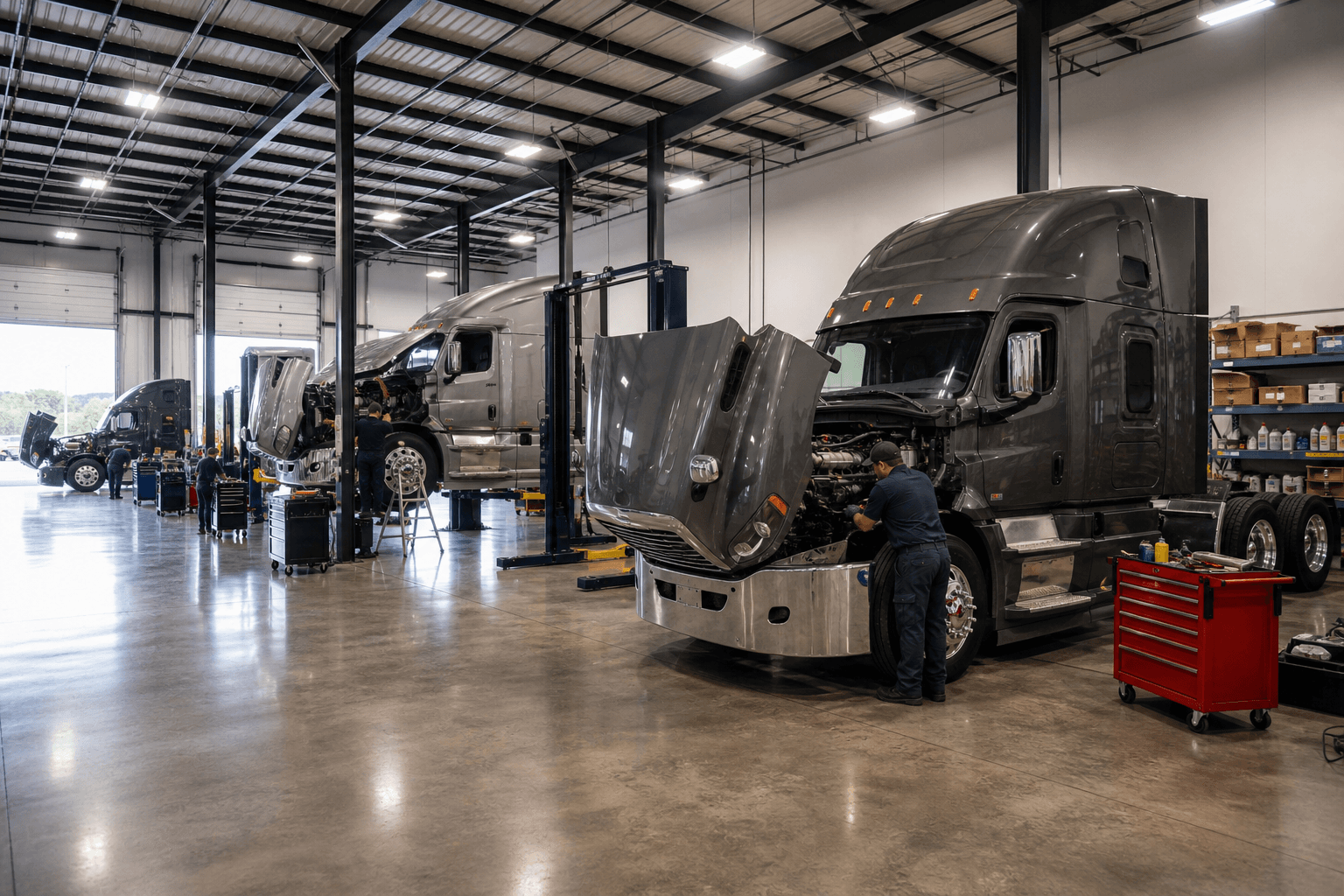 Busy diesel shop floor with multiple Class 8 tractors on lifts and technicians working
